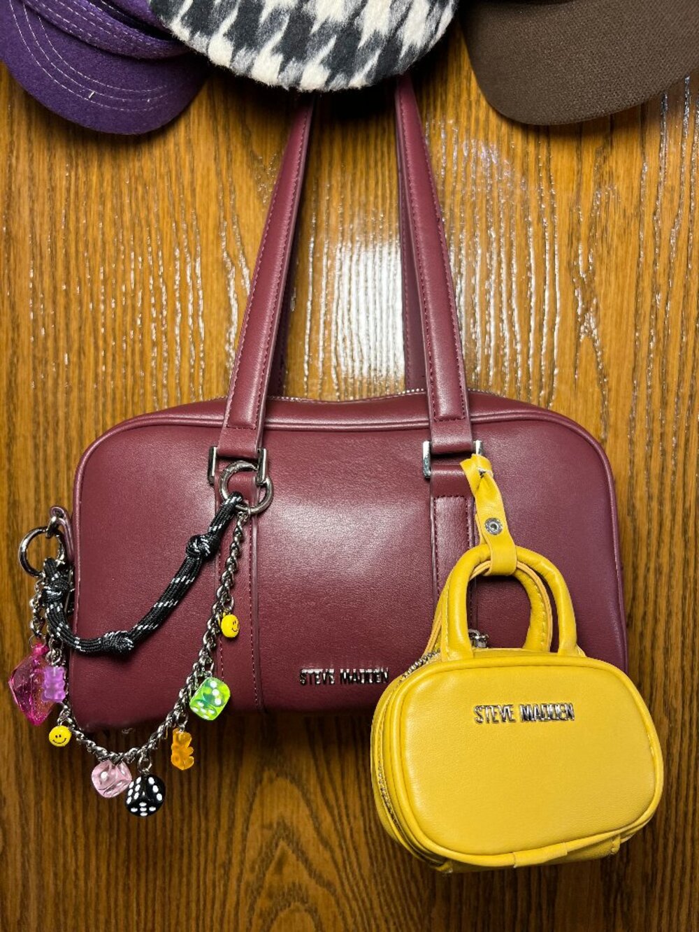 Steve Madden Bharlan Burgundy Shoulder Bag with Mini Coin Bag & Charms NWOT